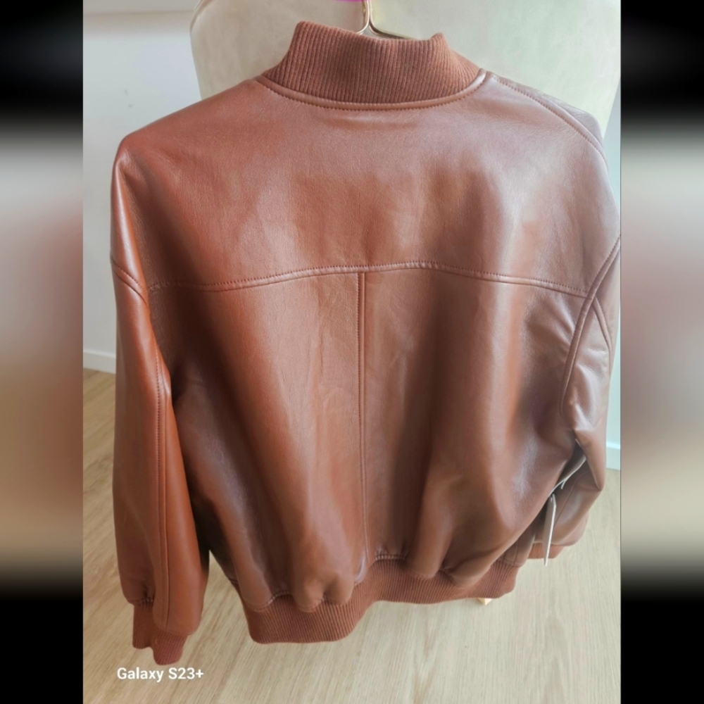 Babaton Vegan Leather Bomber Jacket – Cognac Brown, Size S - Picture 3 of 6